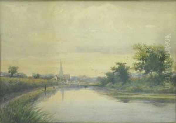 River Scene With Village In The Distance Oil Painting by Arthur Powell May