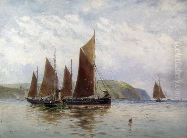 Fishing Boat And Steam Launch Becalmed Off Coast Oil Painting by Walter William May