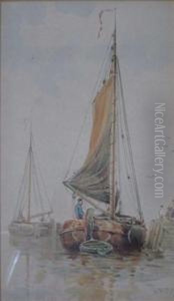 Sailing Boats By The Jetty Oil Painting by Walter William May