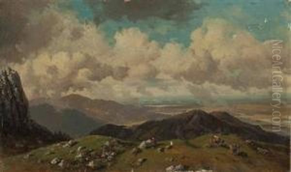 Kuhe Auf Hochalm Oil Painting by Joseph Mayburger