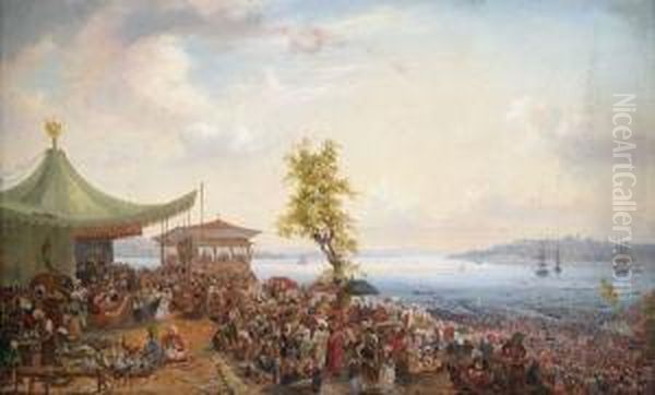 Festliches Treiben Am Ufer Des Bosporus Oil Painting by Auguste Etienne Fr. Mayer