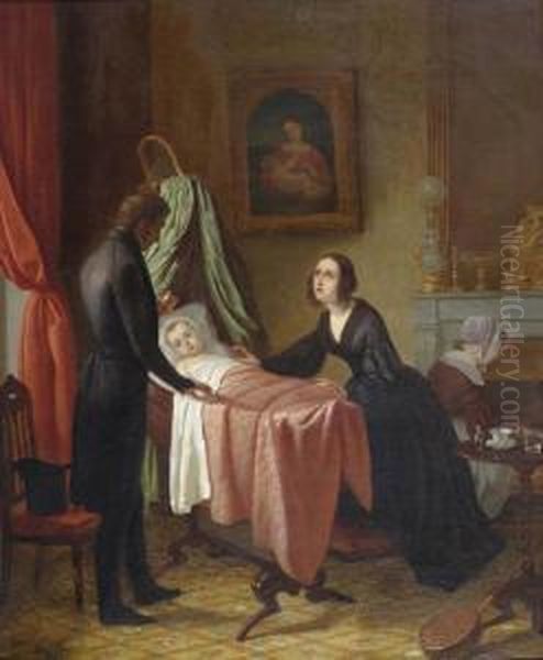 Am Krankenlager. Oil Painting by Charles Francois Mayer