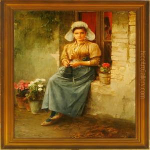 Young Girl Sitting In A Windowsill Oil Painting by Constant Mayer