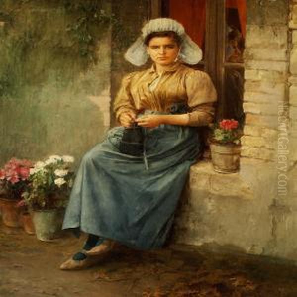 A Young Girl Sitting In A Windowsill Outside A House Oil Painting by Constant Mayer