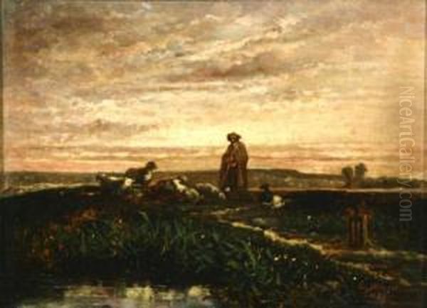 Shepherd With Flock, Sunset Oil Painting by Constant Mayer