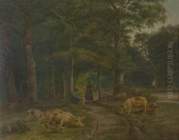 Waldlichtung Mit Hirtenpaar Und Ruhenden Schweinen. Oil Painting by Julius Mayer