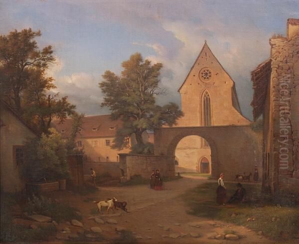 Figures Before A Church In A Village Oil Painting by Joseph Mayer-Attenhofer