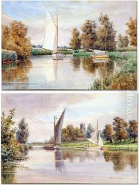 Broadland Landscapes With Yachts And Wherry Oil Painting by William Edward Mayes