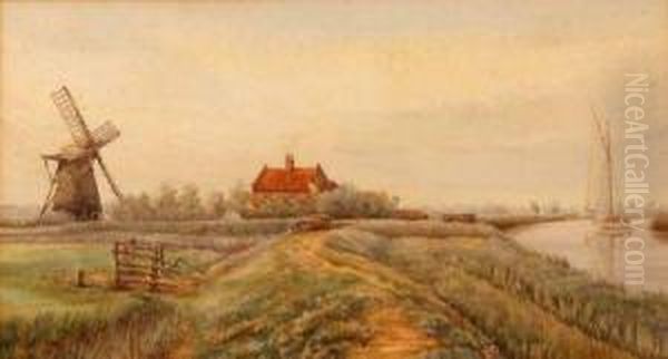 Wherry On The Broads Passing A Farm And Windmill Oil Painting by William Edward Mayes