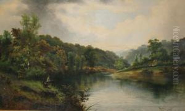 Extensive Riverlandscape With Figures Fishing, A Rustic Cottage Beyond Oil Painting by George Willoughby Maynard