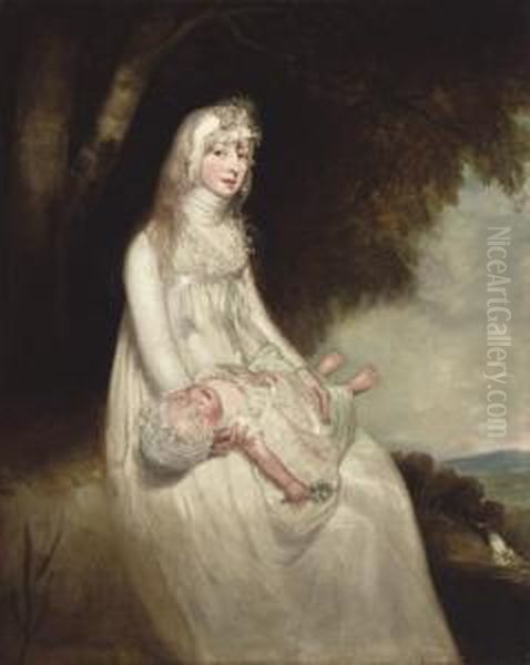 Portrait Of A Mother And Child, Full-length, In A White Lace Dress by Thomas Maynard