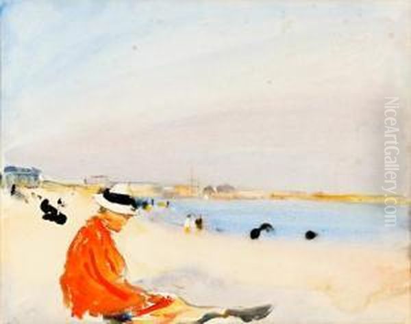 Seated Woman In Red On A Beach Oil Painting by Fred Mayor