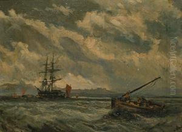 Boats Off A Coast Oil Painting by Fred Mayor