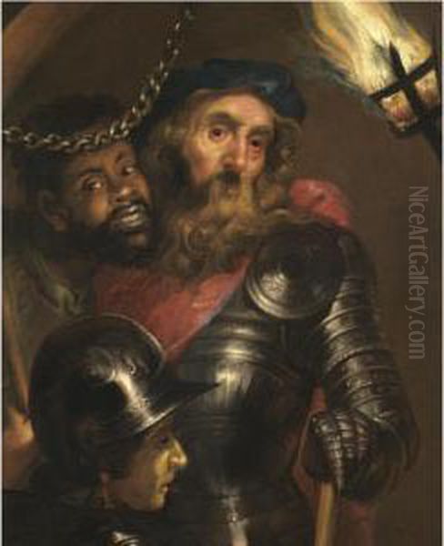 A Gentleman Wearing Armour And A Red Sash With A Moor And A Guard Oil Painting by Johann Ulrich Mayr