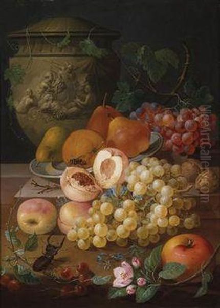 Still Life With Fruit And Flowers With A Lidded Vessel Oil Painting by Johann Nepomuk Mayrhofer