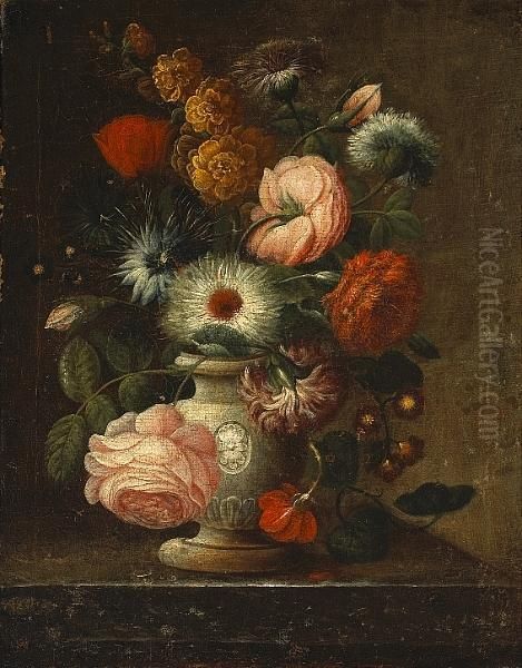 A Still Life With Roses And Other Flowers In A Vase Oil Painting by Johann Nepomuk Mayrhofer