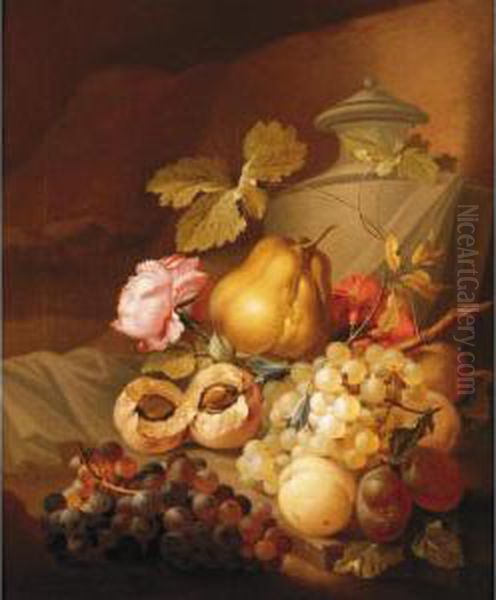 Still Life Of Bunches Of Grapes, Peaches, Plums, Carnations And A Rose Together With A Stone Urn Oil Painting by Johann Nepomuk Mayrhofer