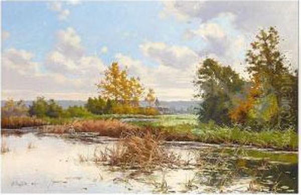 River Landscape Oil Painting by Alphonse Henri Mazard