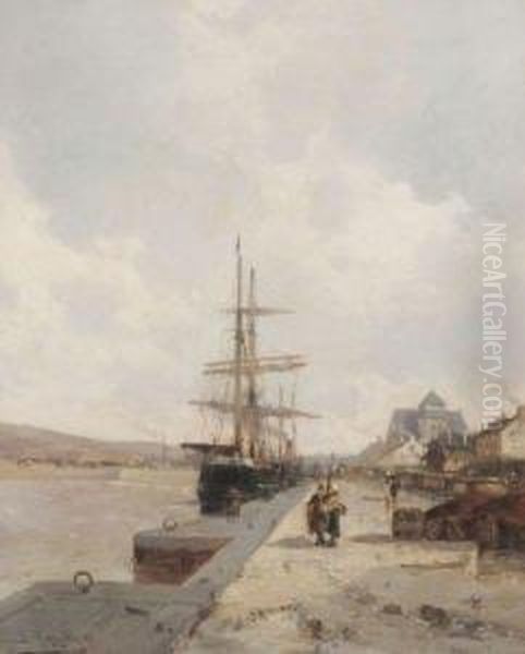 Bateaux A Quai A Honfleur Oil Painting by Jean Mazella