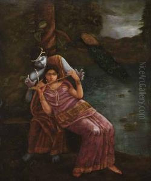 Radhakrishna Oil Painting by Hemendranath Mazumdar