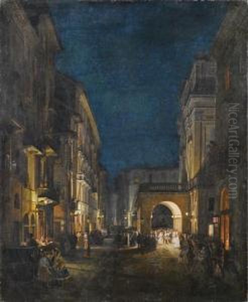 Milano, Piazza Della Scala Durante Il Veglione Oil Painting by Salvatore Mazza