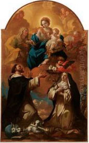 La Madonna E Il Bambin Gesu Offrono Il Rosario A San Domenico E Santa Caterina Da Siena Oil Painting by Ludovico Mazzanti