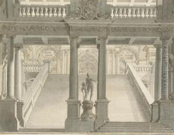 The Interior Of A Palace With An Elaborate Staircase Oil Painting by Vincenzo Mazzi