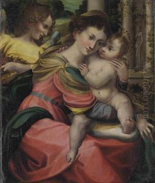 The Madonna And Child With An Angel In A Garden Oil Painting by Girolamo Mazzola Bedoli