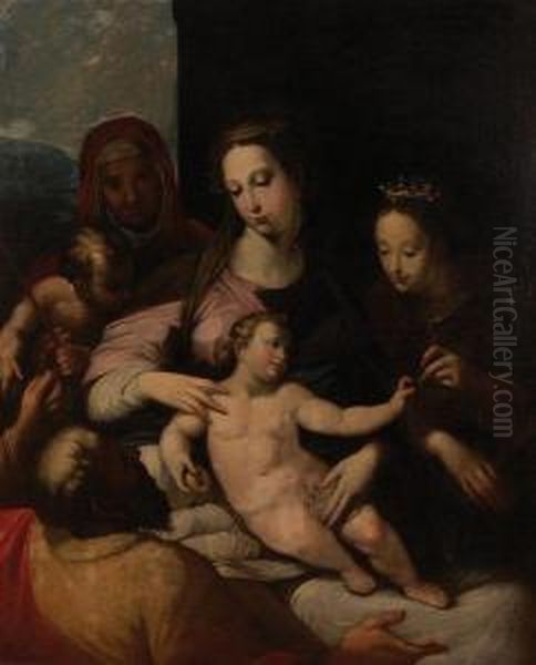 Sacra Famiglia Con Sant'anna, San Giovannino E Santa Martire Oil Painting by Girolamo Mazzola Bedoli