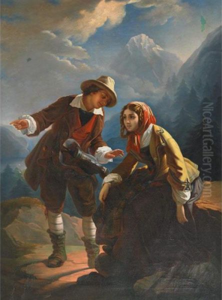 Young Lovers In The Mountains Oil Painting by Giuseppe Mazzolini