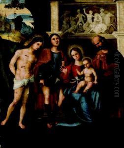 Madonna Con Il Bambino, San Giuseppe, San Sebastiano E San Rocco Oil Painting by Ludovico Mazzolino