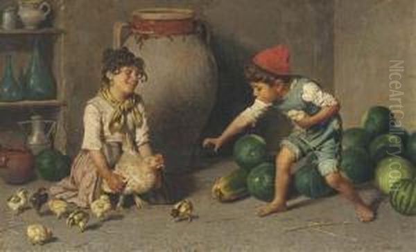 Children Playing With A Mother Hen And Her Chicks Oil Painting by Federico Mazzotta