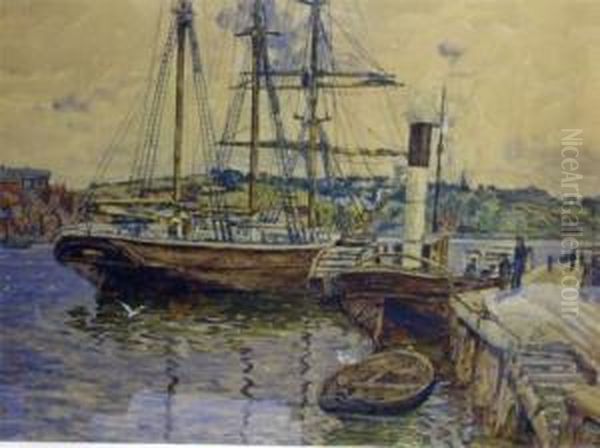 Signed And Dated , Watercolour, Scottish Harbour Scene With Boats And Figures, 14 Oil Painting by F. Mcallister