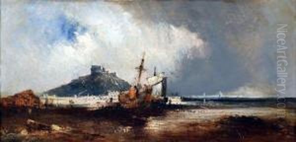 Coastal Scene With Beached Fishing Boats Oil Painting by William McAlpine