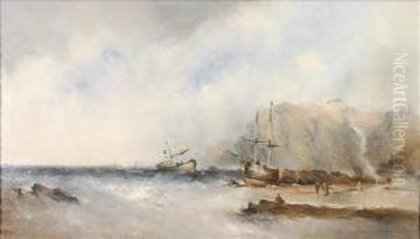 Rocky Coastalscene With Vessels In Choppy Waters Oil Painting by William McAlpine