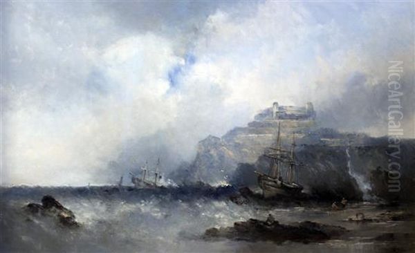 Bamburgh Castle With Ships Wrecking On The Shore Oil Painting by William McAlpine