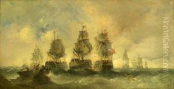 English And French Fleets In Action Oil Painting by William McAlpine