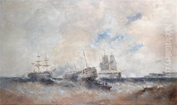 A Large Coastal Scene, Man Of War And Wreck At A Harbour Entrance Oil Painting by William McAlpine