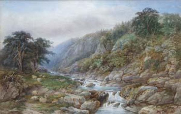 River Scene With Sheep In 
Fore Ground Oil Painting by J. Mcarthur