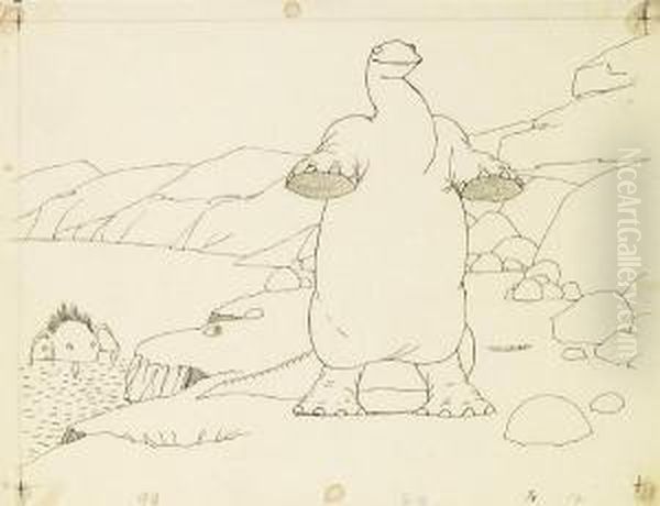 Gertie The Dinosaur On Her Hind Legs. Oil Painting by Winsor Mccay