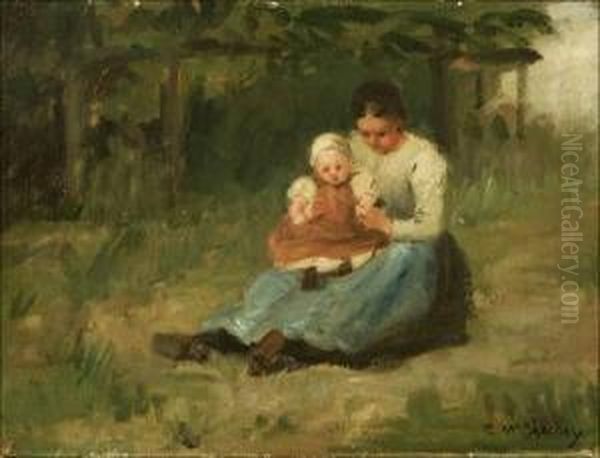 Mother Holding Baby In Landscape Oil Painting by Clara Taggart Mcchesney