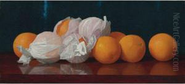 Wrapped Oranges On A Tabletop Oil Painting by William Joseph Mccloskey