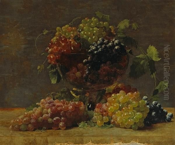 A Variety Of California Grapes In A Glass Vase Oil Painting by William Joseph Mccloskey