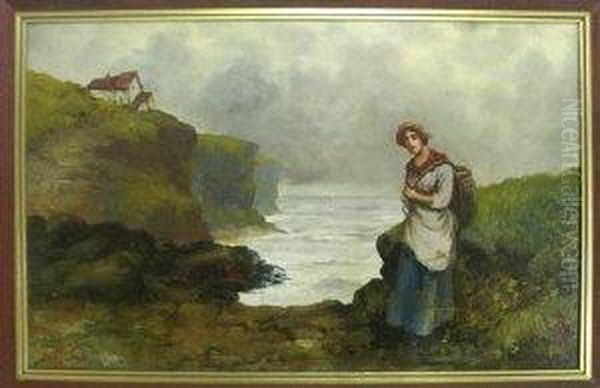 A Fishergirl Near A Cliff Top Cottage Oil Painting by James Mccolvin