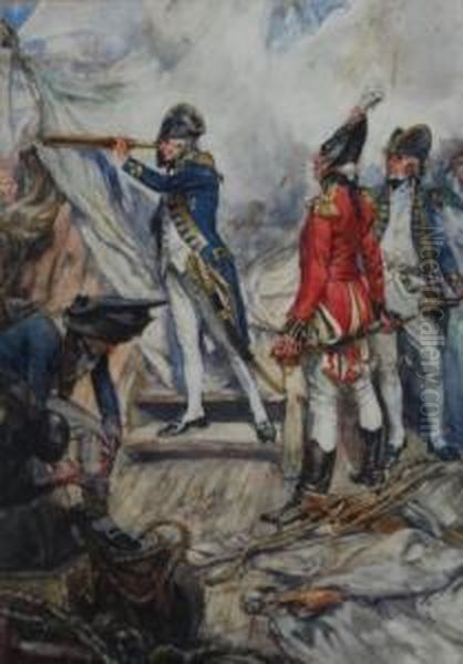 Admiral Horatio Nelson Standing Onthe Gun-deck Surveying The Enemy Through His Telescope Withofficers In Attendance And In The Midst Of A Battle Oil Painting by Arthur David Mccormick