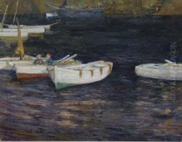 Boats In A Harbour Oil Painting by Mary Mccrossan