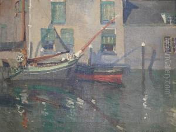 Boats Moored Near Houses Oil Painting by Mary Mccrossan