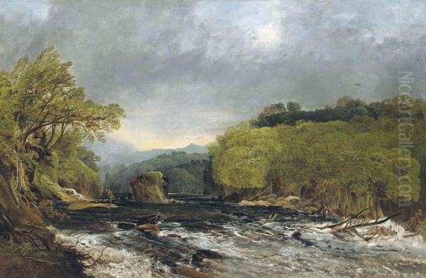 An Angler In A Stormy Landscape Oil Painting by Horatio McCulloch