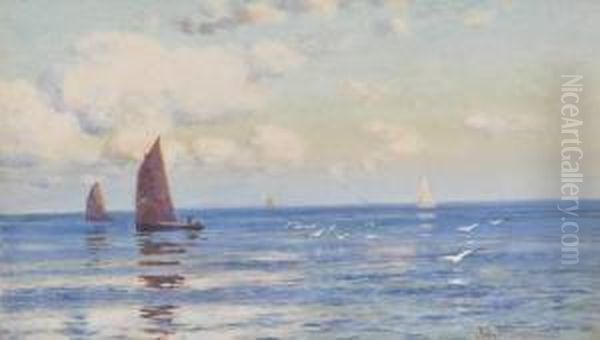 Sailing Boats Off The Coast Oil Painting by John Mcdougal