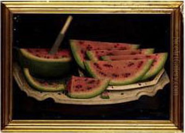 Watermelon Wedges On A White Platter On A Marble-topped Table Oil Painting by Daniel Mcdowell